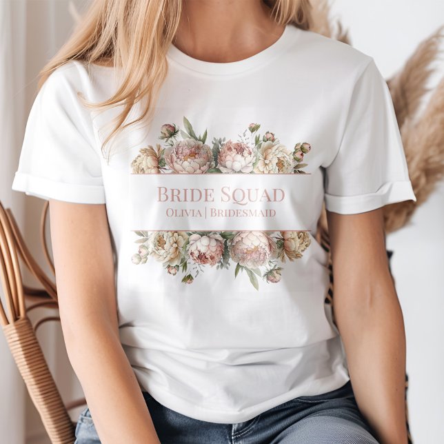 Eleganter Blush Dusty Rose Peonies Bridal Squad T-Shirt (A young blond woman wearing an Elegant Blush Dusty Rose Peonies Bridal Squad T-Shirt.)