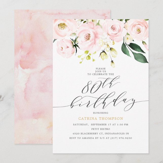 Eleganter Blush Floral und Eukalyptus 80. Geburtst Einladung (Vorne/Hinten)