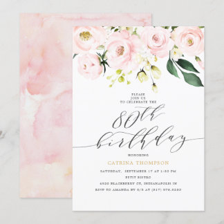 Eleganter Blush Floral und Eukalyptus 80. Geburtst Einladung