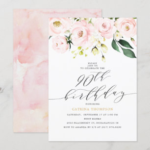 Eleganter Blush Floral und Eukalyptus 90. Geburtst Einladung