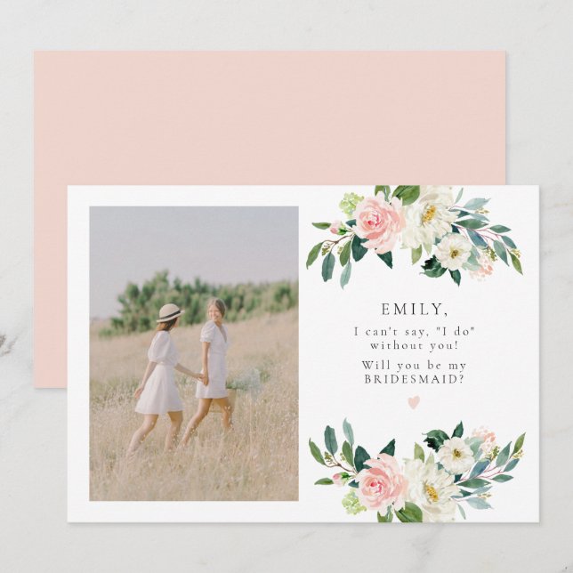 Eleganter Blush Foto Bridesmaid Vorschlag Einladung (Vorne/Hinten)