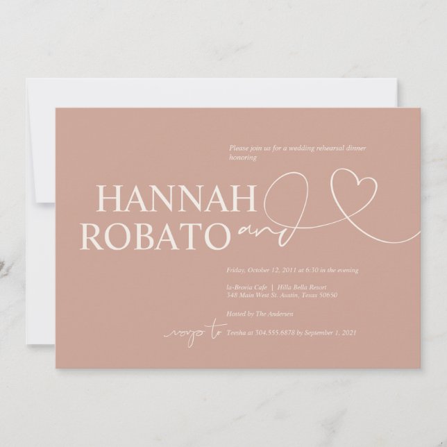 Eleganter Blush Minimalismus Hochzeit Probe Abende Einladung (Vorderseite)