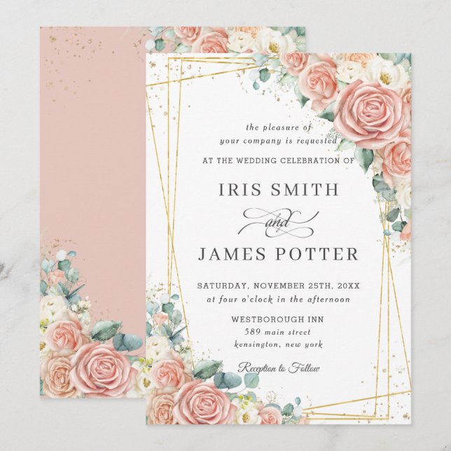 Eleganter Blush Peach Elfenbeinblume Rose Hochzeit Einladung (Vorne/Hinten)