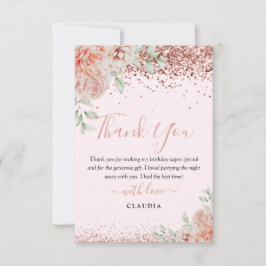 Eleganter Blush Pink Blumen Glitzer Geburtstag Dankeskarte