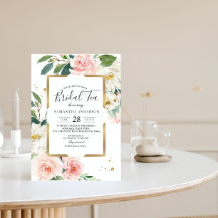 Eleganter Blush Pink Blütengoldrahmen & Tropfen Einladung