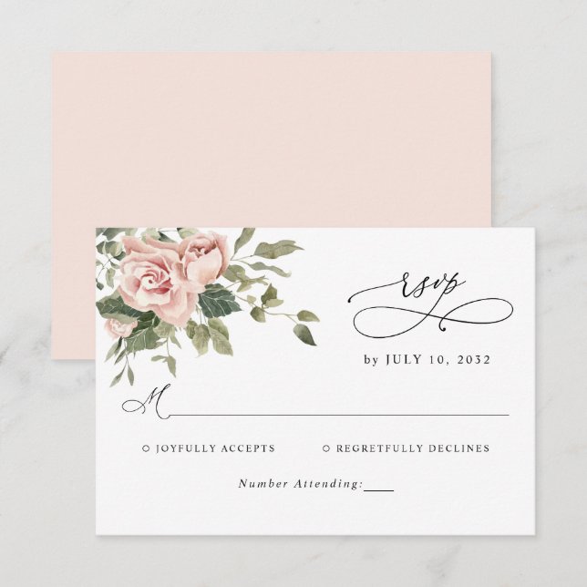 Eleganter Blush Pink Botanische Hochzeit RSVP (Vorne/Hinten)