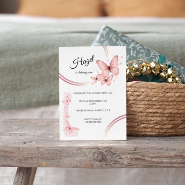 Eleganter Blush Pink Butterfly Bläserner Geburtsta Einladung (Butterfly Girl 1st Birthday Invitation)
