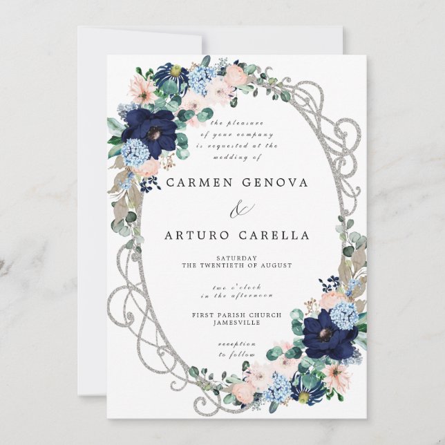 Eleganter Blush Pink Dusty Blue Floral Wedding Inv Einladung (Vorderseite)