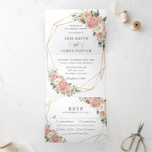 Eleganter Blush Pink Elfenbeinblume Hochzeit RSVP Dreifach Gefaltete Einladung
