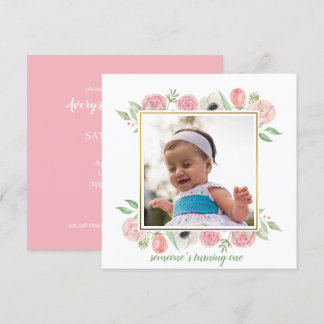 Eleganter Blush Pink Floral Frame Baby 1. Geburtst Einladung