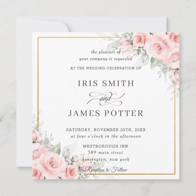 Eleganter Blush Pink Floral Gold Wedding Square Einladung (Vorderseite)
