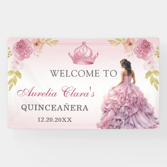 Eleganter Blush Pink Floral Quinceañera Geburtstag Banner (Horizontal)