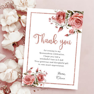 Eleganter Blush Pink Floral Quinceañera Geburtstag Dankeskarte