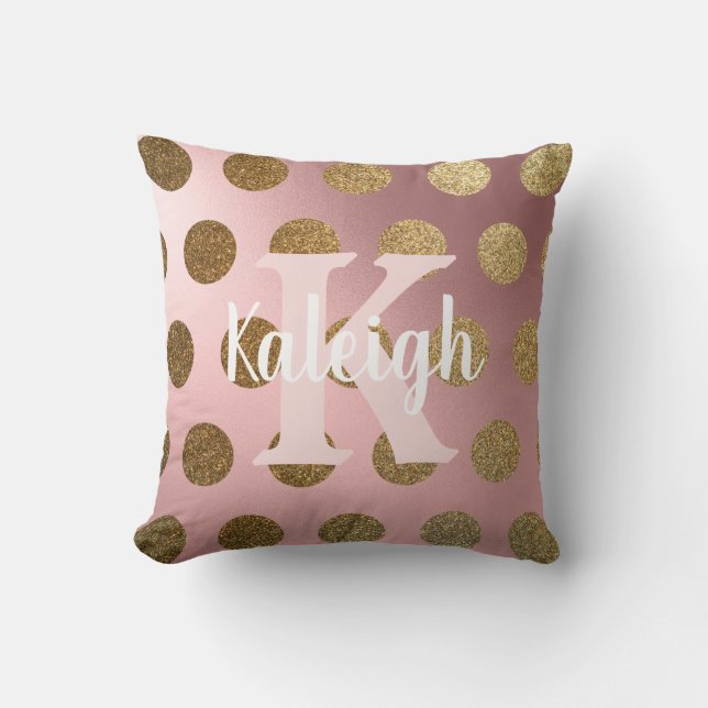 Eleganter Blush Pink Gold Polka Dot Monogram Name Kissen (Vorderseite)