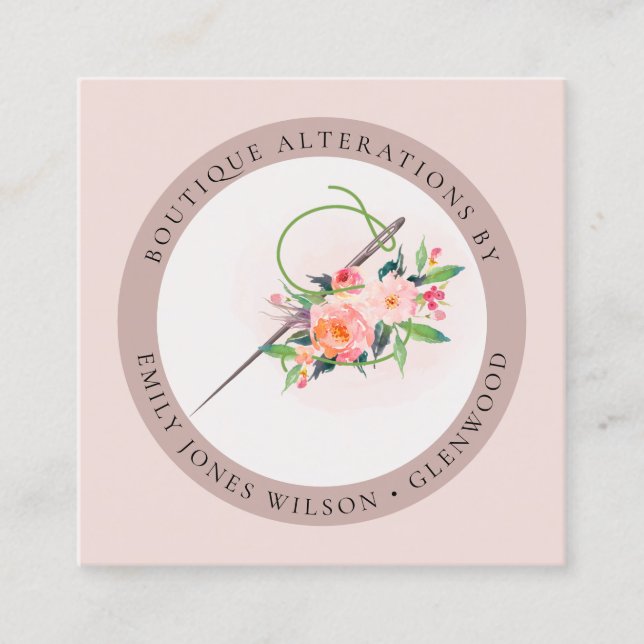 Eleganter Blush Pink Needle Wasserfarbe Blumenmata Quadratische Visitenkarte (Vorderseite)