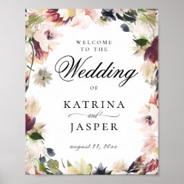 Eleganter Blush Plum Bloral Wedding Willkommen Poster