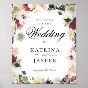 Eleganter Blush Plum Bloral Wedding Willkommen Poster