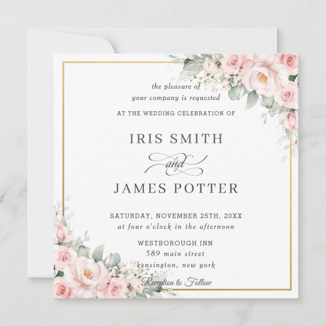 Eleganter Blush Soft Pink Floral Gold Wedding Squa Einladung (Vorderseite)