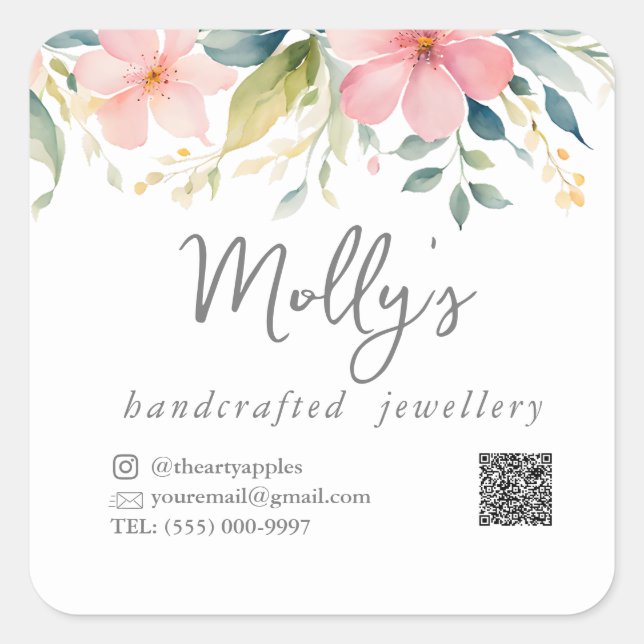Eleganter Blütenschmuck in Rosa und Grau Quadratischer Aufkleber (Vorderseite)