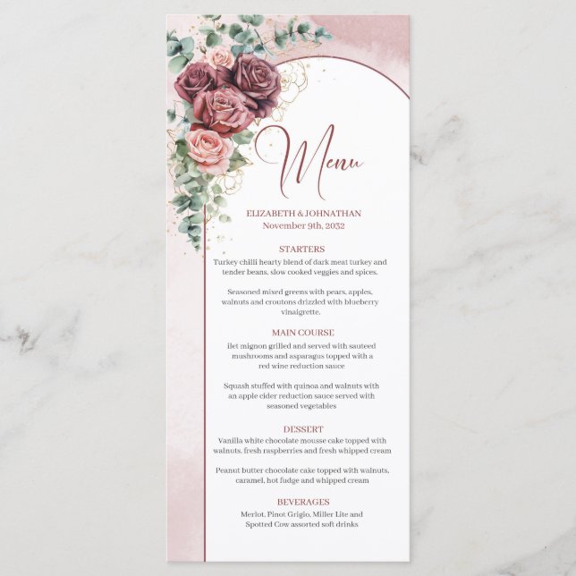 Eleganter Bogen Aquarellfarben Rote Bordeaux Hochz Menükarte (Vorderseite)