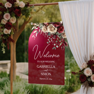 Eleganter Bogen Burgunder Rosen Hochzeitsempfang Acrylschild