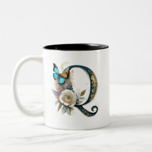 Eleganter bohemianischer floraler Buchstabe Q Zweifarbige Tasse
