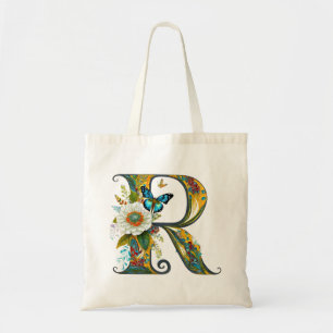 Eleganter bohemianischer floraler Buchstabe R Tragetasche