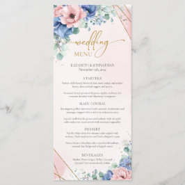 Eleganter bohischer Rosa und blaue Blumen Goldrahm Menükarte