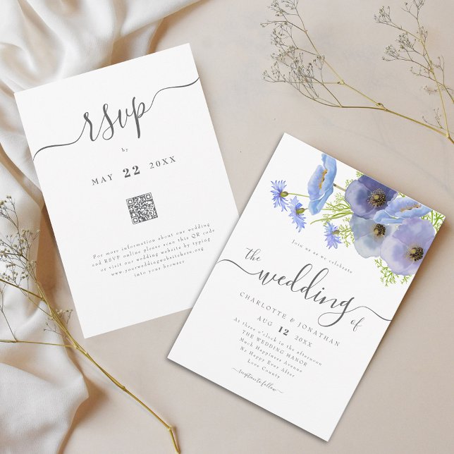 Eleganter Boho-Blumen-Blue-Hochzeits-QR-Code Einladung (Elegant boho wildflower bouquet watercolor blue floral garden wedding qr code invitation)