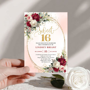 Eleganter Boho-Burgunder-Rosa-Gold-Blumen-Süßer 16 Einladung