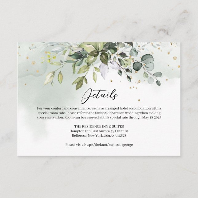 Eleganter boho eucalyptus-Grüne Golddetails Begleitkarte (Vorderseite)