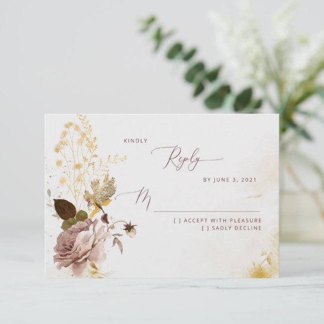 Eleganter Boho Fall Goldfolie Hochzeit RSVP Karte (Stehend Vorderseite)
