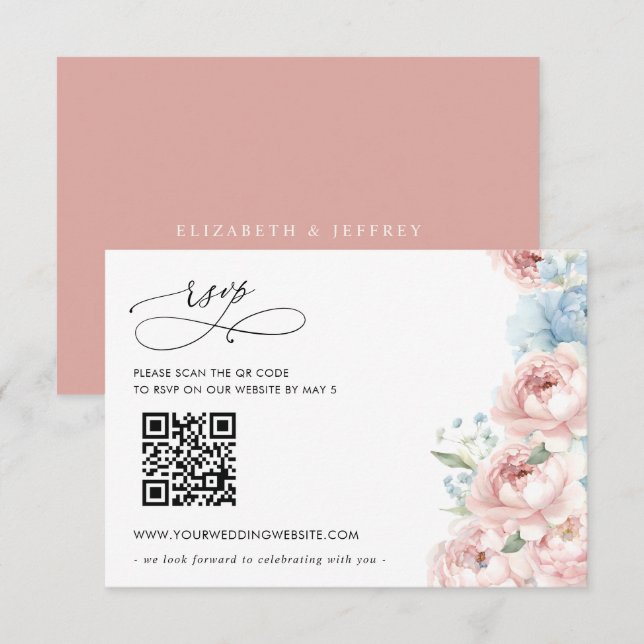 Eleganter Boho Summer Spring Blush Floral QR CODE RSVP Karte (Vorne/Hinten)