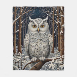 Eleganter Boho-Weißer-Uhu-Wald-Winterwald Fleecedecke