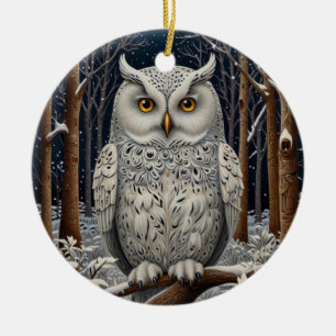 Eleganter Boho-Weißer-Uhu-Wald-Winterwald Keramik Ornament