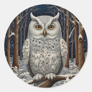 Eleganter Boho-Weißer-Uhu-Wald-Winterwald Runder Aufkleber