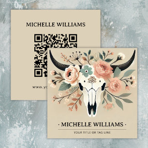 Eleganter Boho Western Bull Cow Skull mit QR-Code Quadratische Visitenkarte