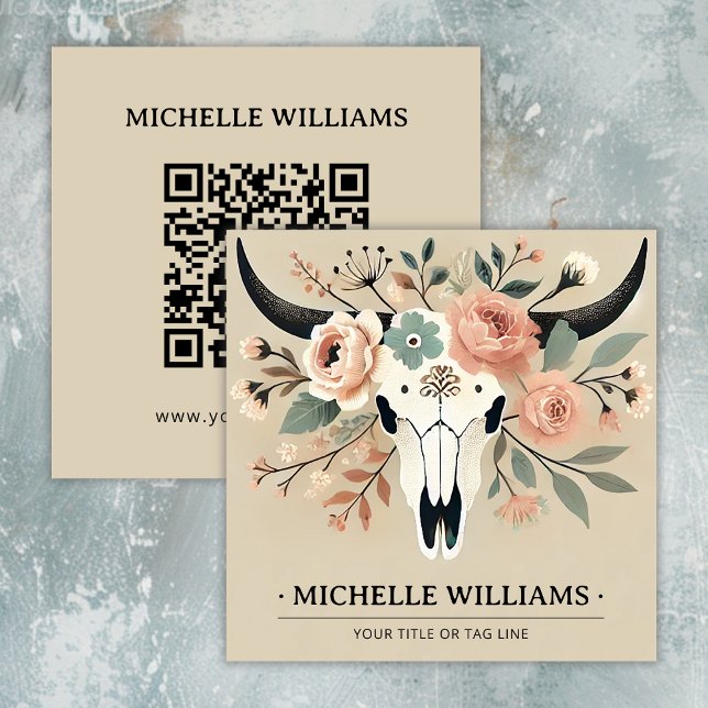 Eleganter Boho Western Bull Cow Skull mit QR-Code Quadratische Visitenkarte (Elegant Boho Western Bull Cow Skull with QR Code Square Business Card)
