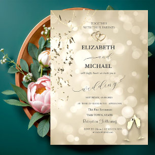 Eleganter Bokeh, Konfetti-Weingläser Hochzeit Einladung