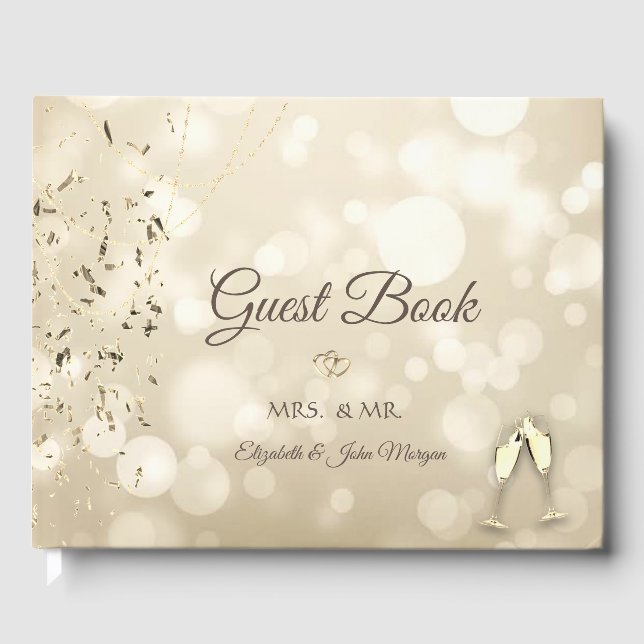 Eleganter Bokeh, Konfetti-Weingläser Hochzeit Gästebuch (Vorderseite)
