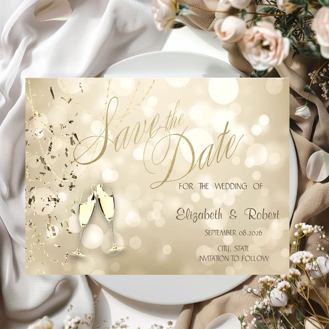 Eleganter Bokeh, Konfetti-Weingläser Hochzeit Save The Date (Von Creator hochgeladen)