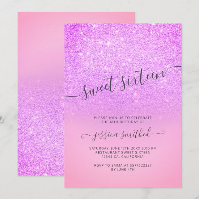 Eleganter Bonbon 16 Typografie des lila rosa Einladung (Vorne/Hinten)