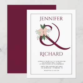 Eleganter Bordeaux-Ampersand und rosa Blume Hochze Einladung