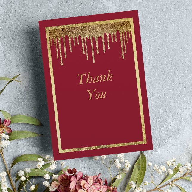 Eleganter bordeauxfarbener Glitzer Tropfen 50. Geb Dankeskarte (Elegant burgundy gold glitter drips 50th Birthday Thank You)