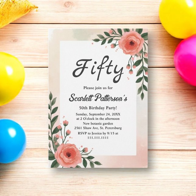 Eleganter Botanischer Aquarellfarben, 50. Geburtst Einladung (Von Creator hochgeladen)