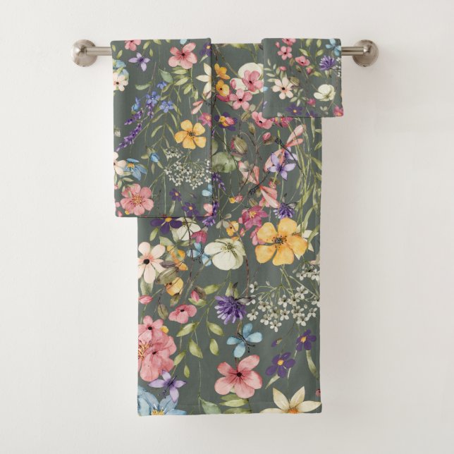 Eleganter botanischer Blumengarten Grüner Hintergr Badhandtuch Set (Insitu)