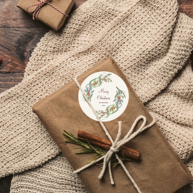 Eleganter botanischer Frohe Weihnachtskranz Runder Aufkleber (Von Creator hochgeladen)