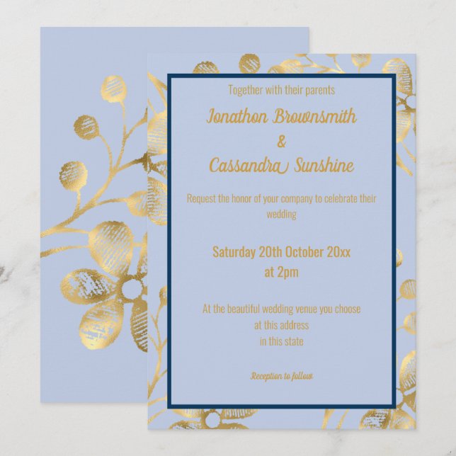 ELEGANTER BOTANISCHER GOLD PERIWINKLE NAVY WEDD EINLADUNG (Vorne/Hinten)