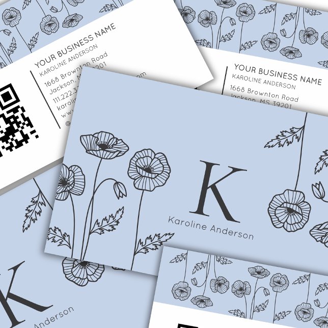 Eleganter botanischer hellblauer Mohnblumen-QR-Cod Visitenkarte (Von Creator hochgeladen)