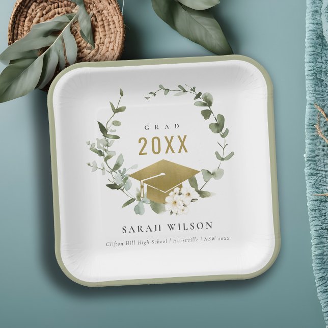 Eleganter botanischer Leafy Wreath Gold Abschluss Pappteller (Von Creator hochgeladen)